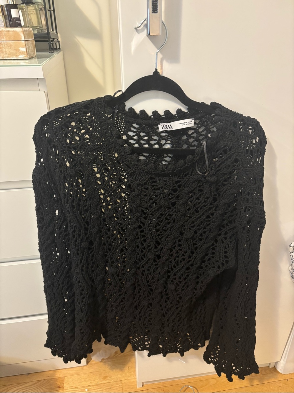 Zara Black Open-Weave Crochet Crewneck Sweater